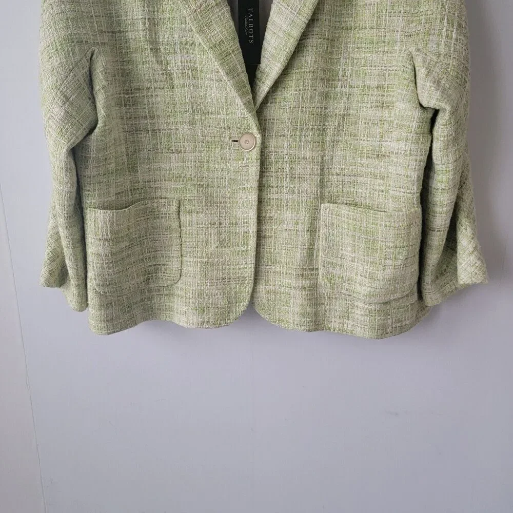 Talbots womens Lime Green Tweed Blazer SZ 18 pockets Single Button Fully Lined